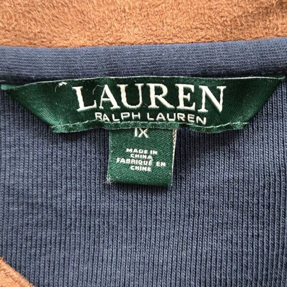 Ralph Lauren Womens 1XL Navy Blue V-Neck Long Sleeve Top Brown Micro Suede Trim - Picture 6 of 7